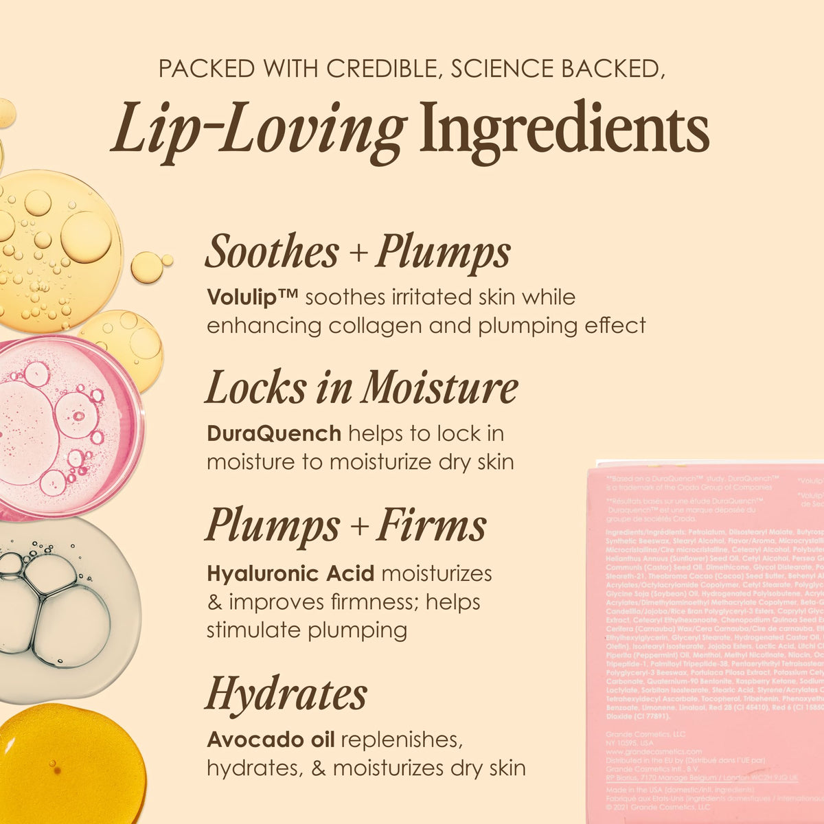 Grande Cosmetics GrandePOUT label close-up displaying Volulip and DuraQuench benefits