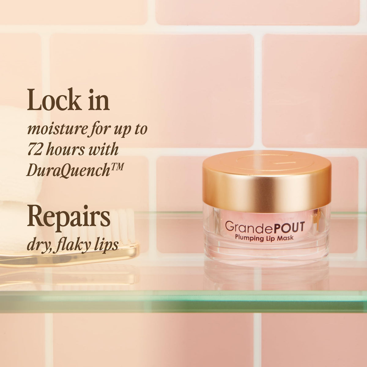Grande Cosmetics GrandePOUT applied on lips to demonstrate tint and plumping effect