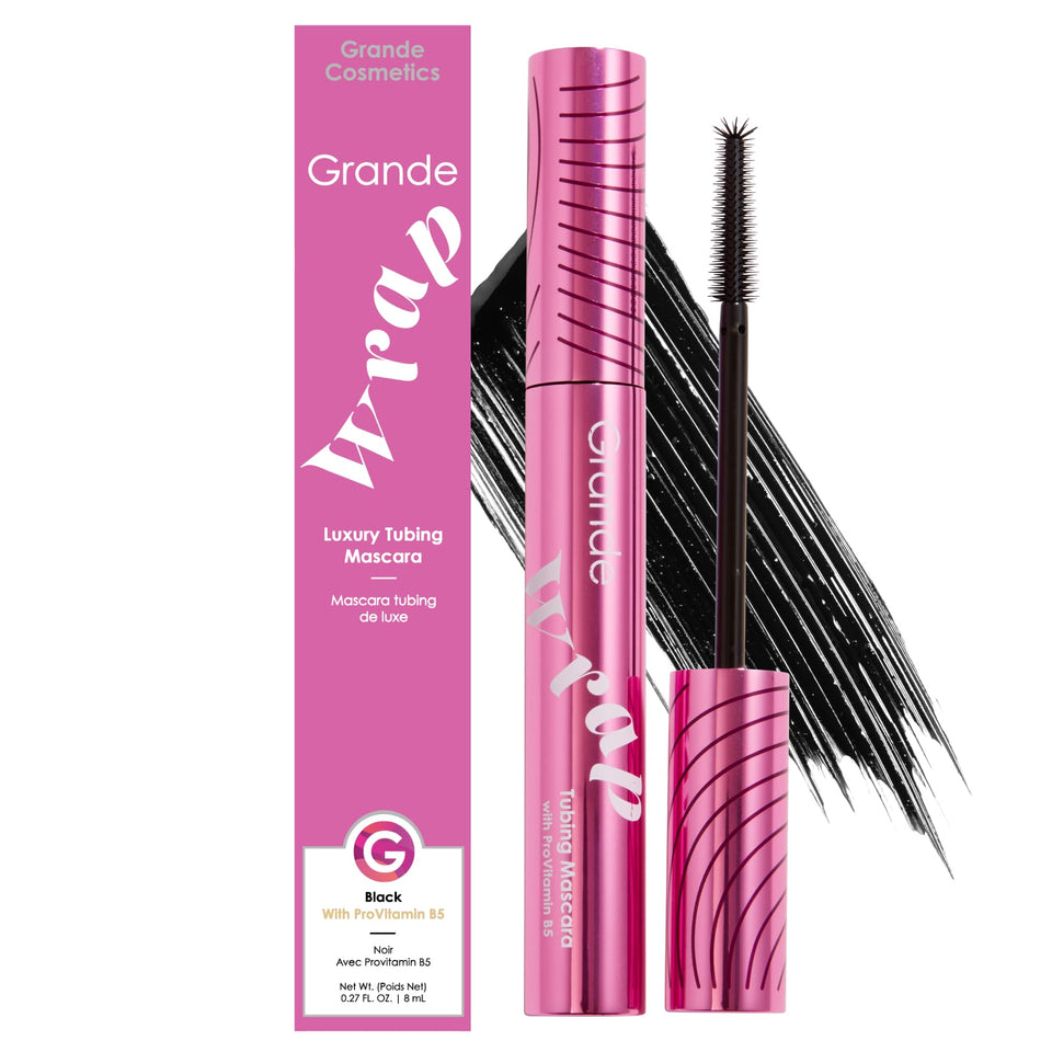 Grande Cosmetics front packaging showing compact black mascara tube and benefit