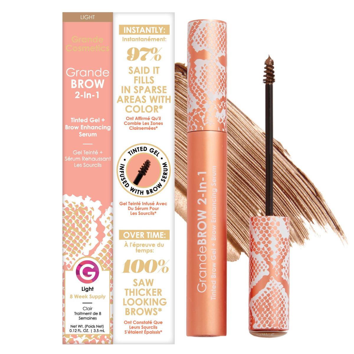 Grande Cosmetics grandebrow front packaging showing shade light and benefits