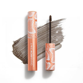 Grande Cosmetics front tube packaging showing taupe shade and branding benefit travel-ready