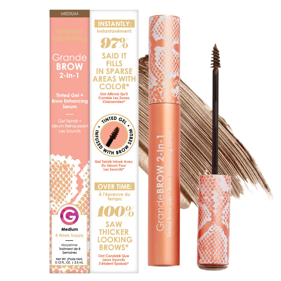 Grande Cosmetics front packaging showing product and benefits for polished brows