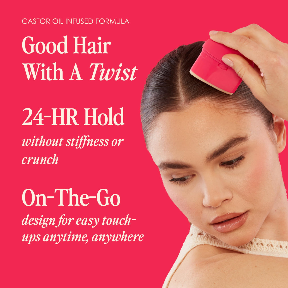 Grande Cosmetics GrandeHAIR applying stick to bun for sleek frizz-free finish