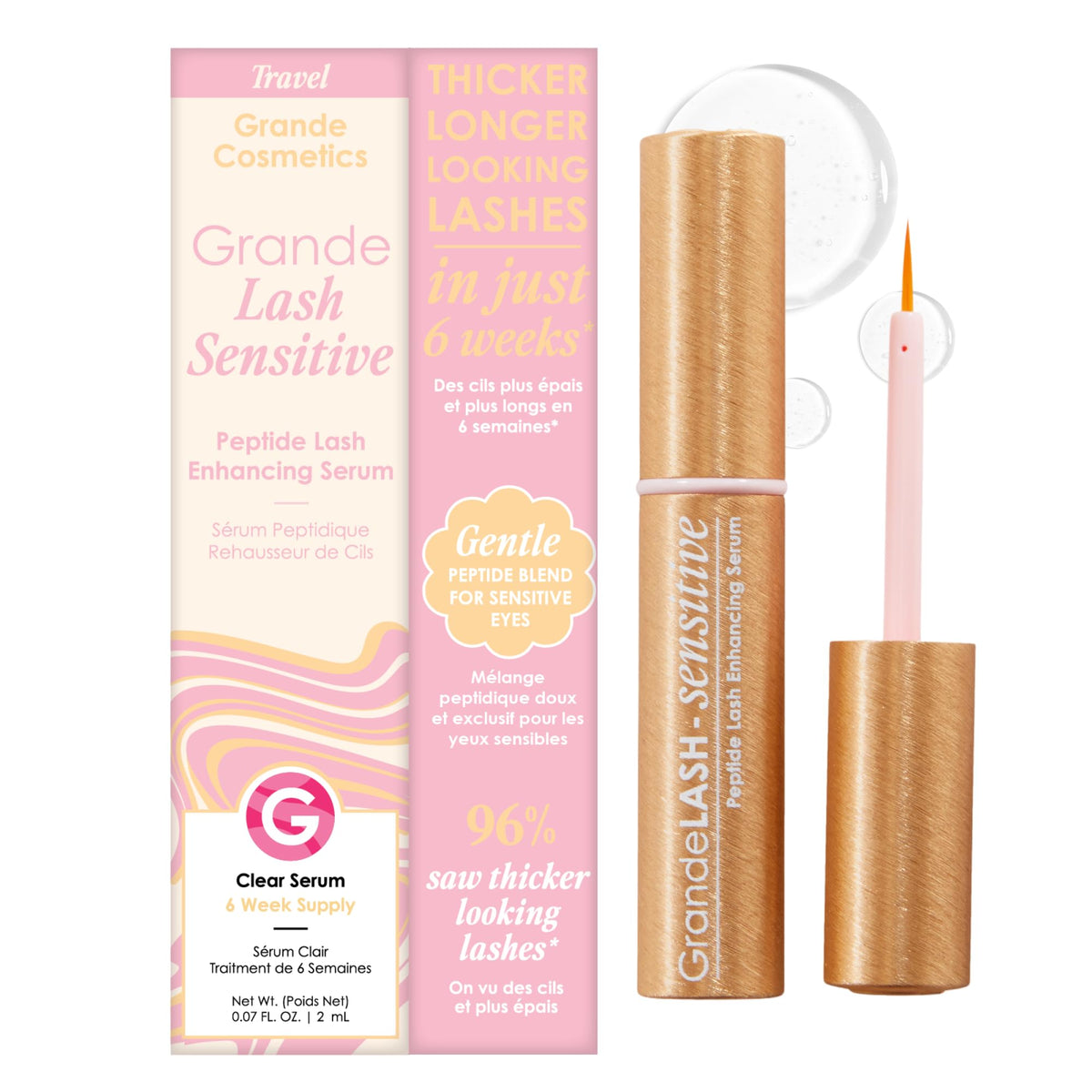 Grande Cosmetics front packaging showing product and benefits for fuller lashes