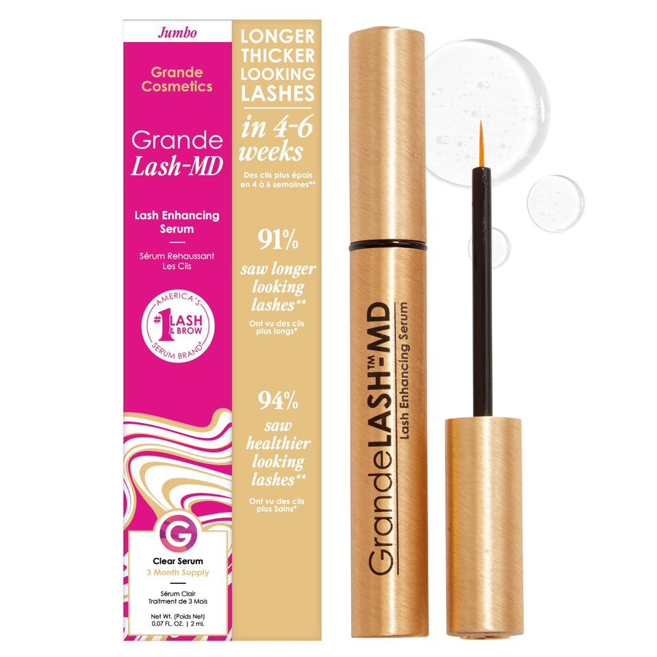 Grande Cosmetics grandelash-md front packaging showing bottle and box, highlights six-month supply