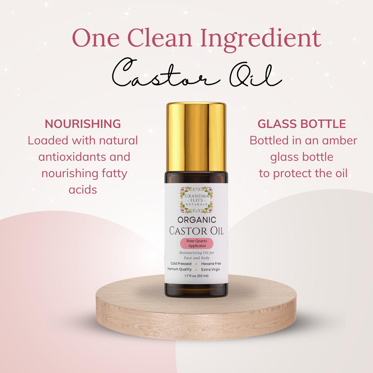 Grandma Flo's Naturals amber glass bottle label highlighting purity and protection