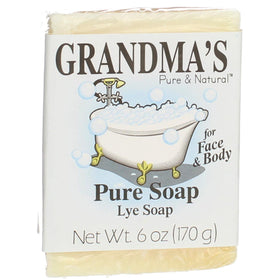 GRANDMA'S PURE & NATURAL front packaging showing unscented lye soap and benefits