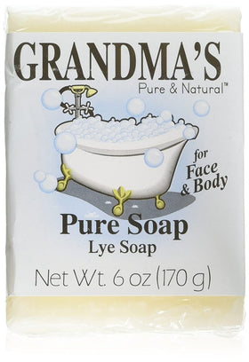 Grandma's Pure & Natural front packaging showing four unscented soap bars and benefit of simple cleansing