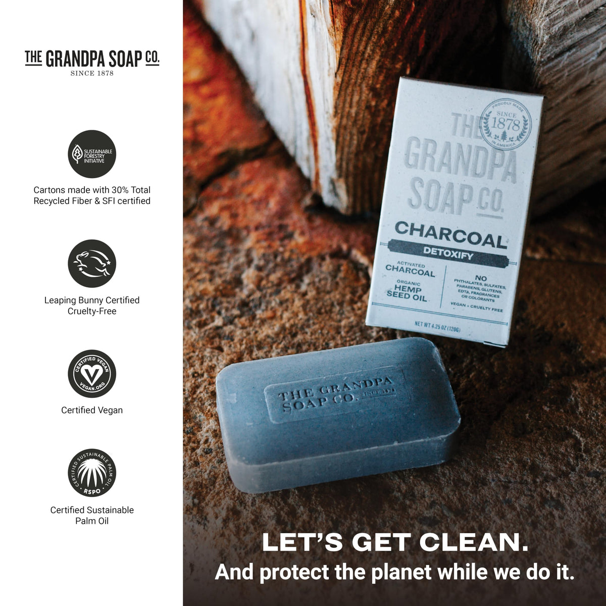Label detail with ingredient list and vegan mark, The Grandpa Soap Company transparency and trust