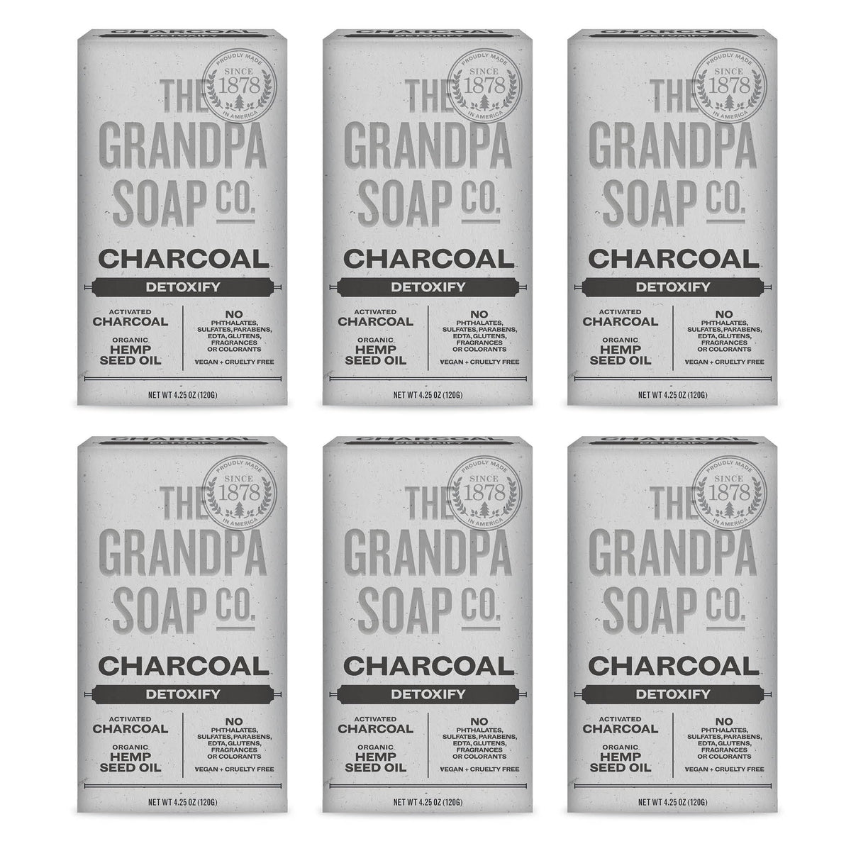 Grandpa Soap Company charcoal bar front packaging showing clean branding and vegan badge