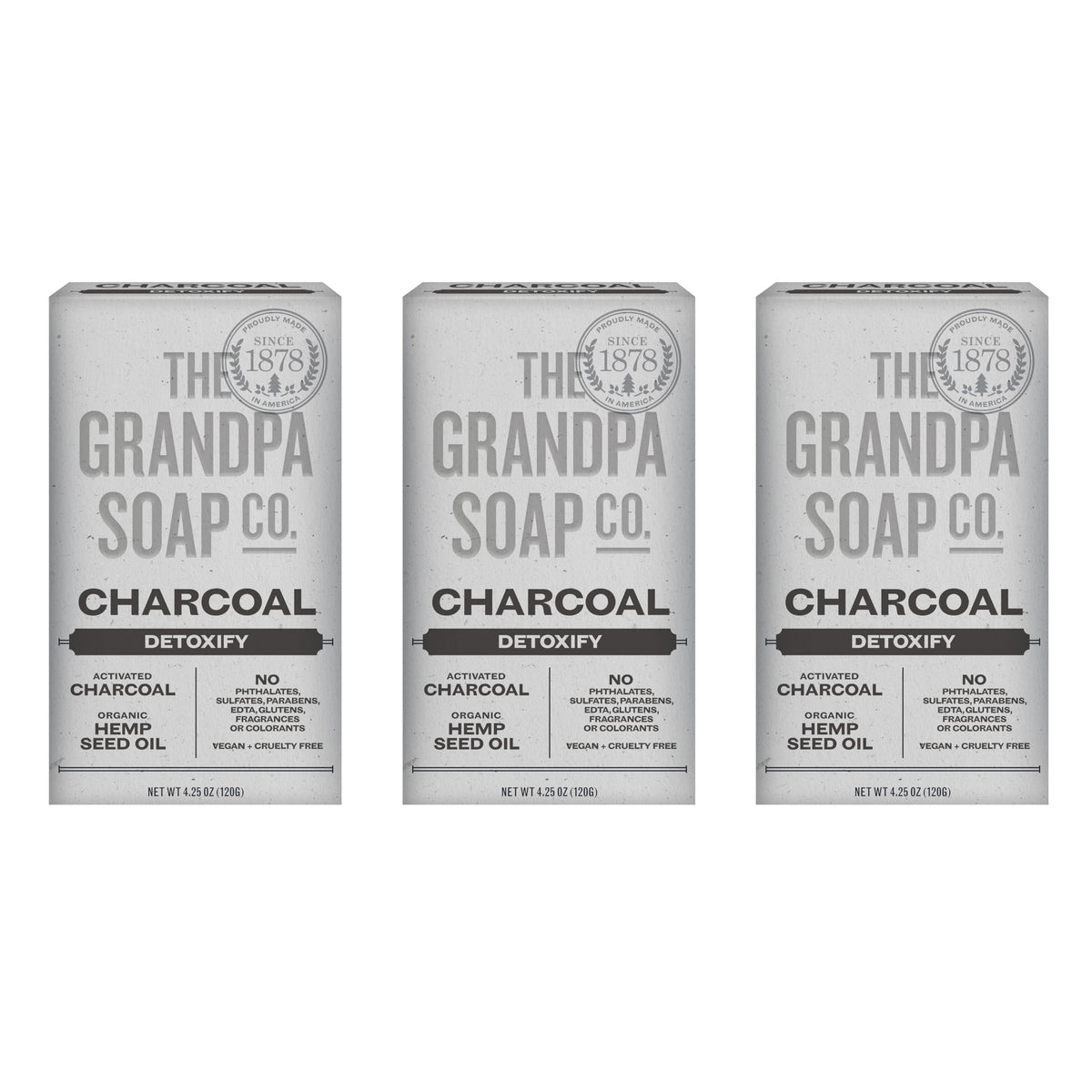The Grandpa Soap Company front packaging showing three charcoal bars and product name, clear ingredients