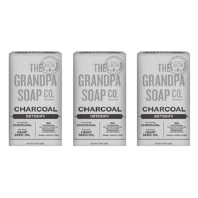 The Grandpa Soap Company front packaging showing three charcoal bars and product name, clear ingredients