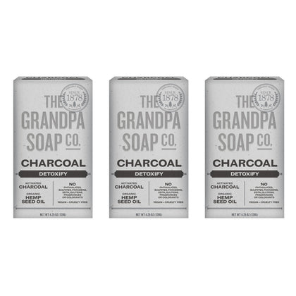 The Grandpa Soap Company front packaging showing three charcoal bars and product name, clear ingredients
