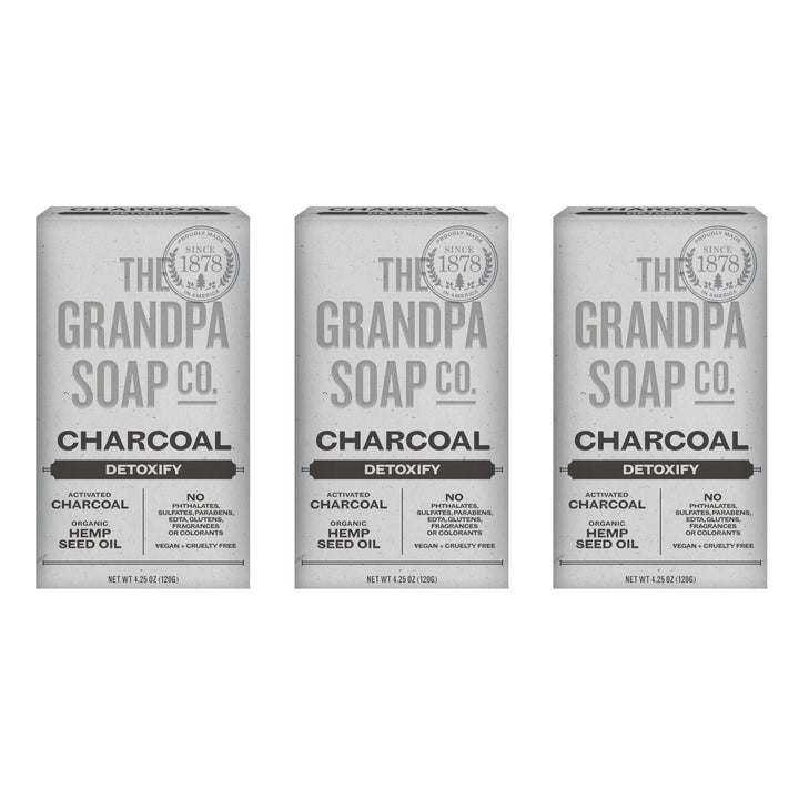 The Grandpa Soap Company front packaging showing three charcoal bars and product name, clear ingredients