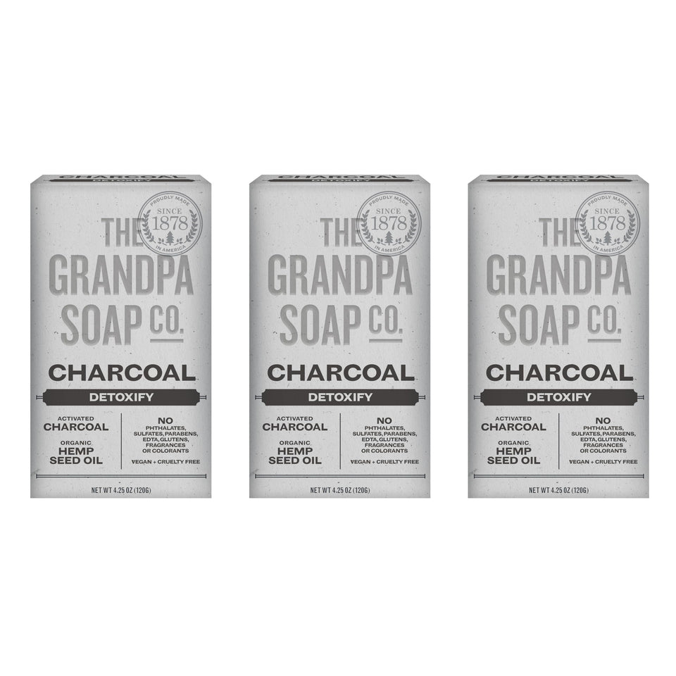 The Grandpa Soap Company front packaging showing three charcoal bars and product name, clear ingredients