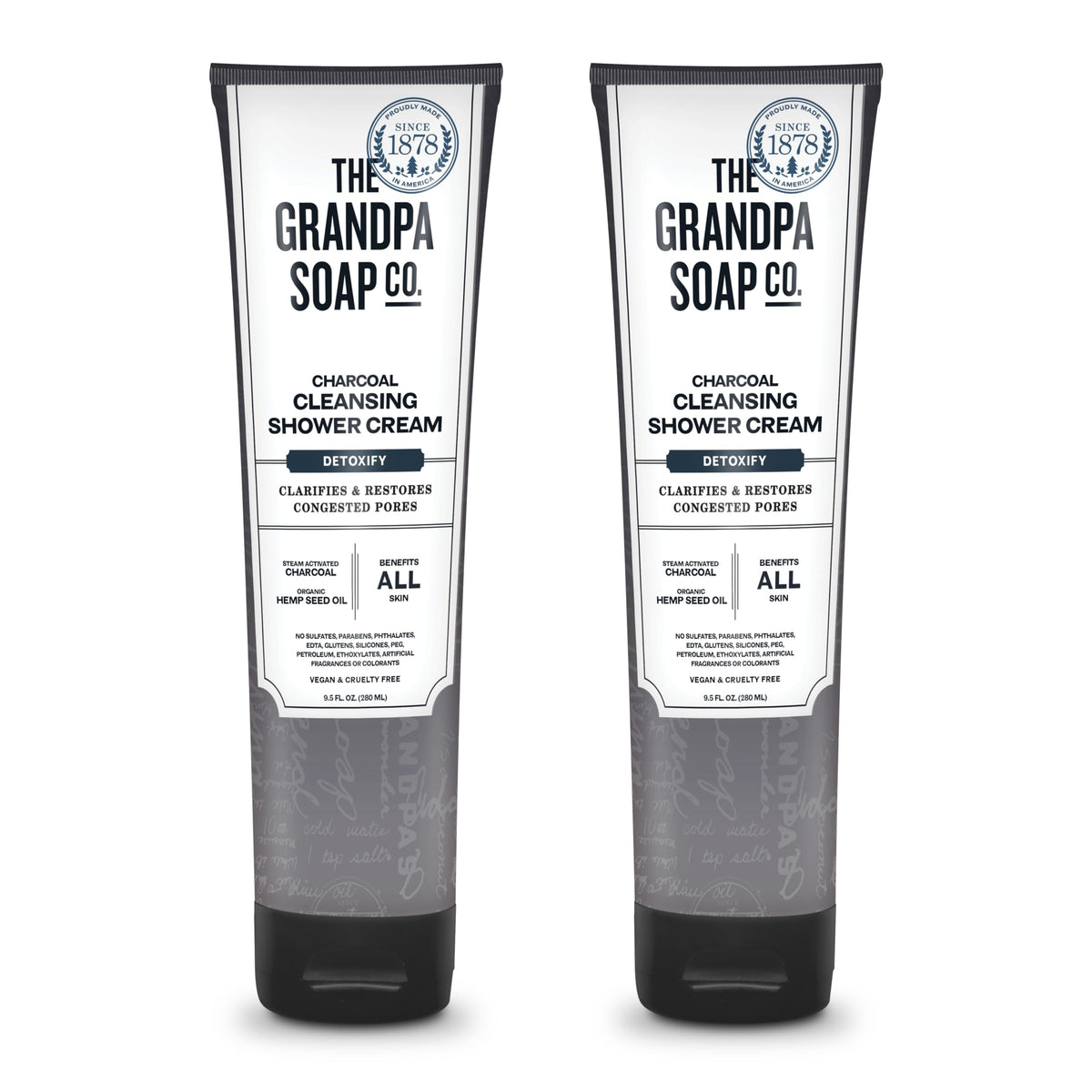 The Grandpa Soap Company bottle front view showing clean charcoal shower cream benefits