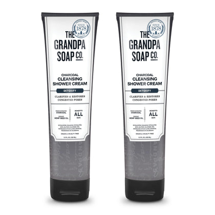 The Grandpa Soap Company bottle front view showing clean charcoal shower cream benefits