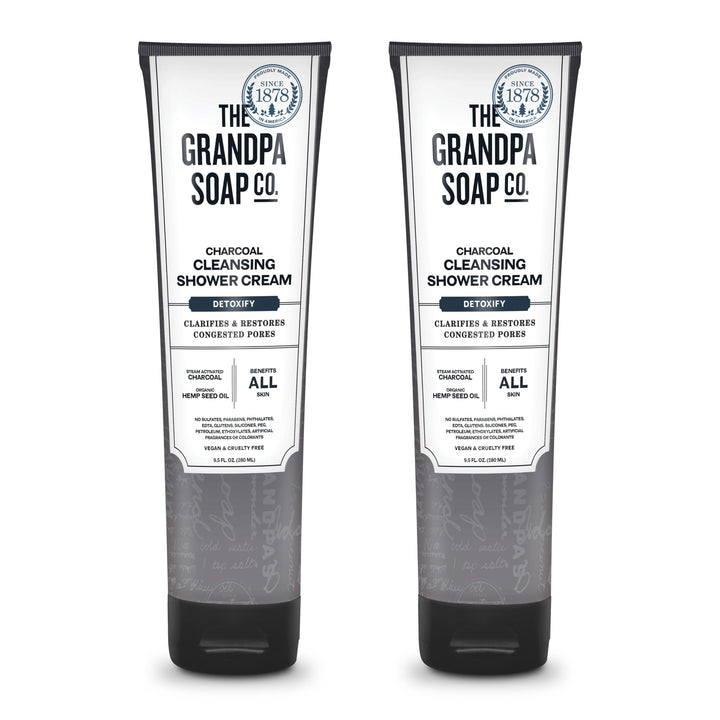The Grandpa Soap Company bottle front view showing clean charcoal shower cream benefits