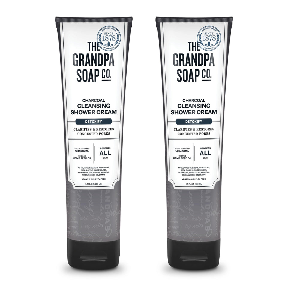 The Grandpa Soap Company bottle front view showing clean charcoal shower cream benefits