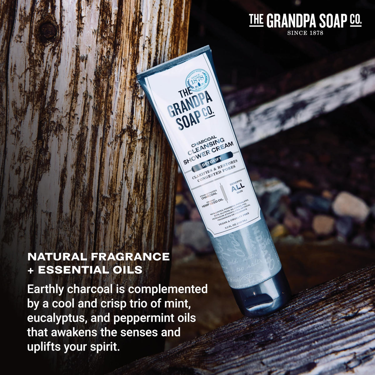 The Grandpa Soap Company bottle in shower scene illustrating effective post-work detox