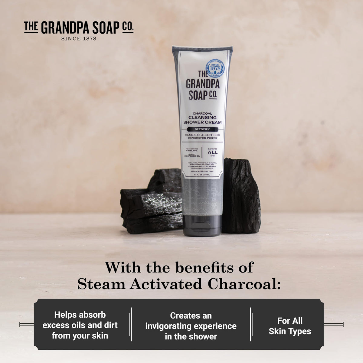 The Grandpa Soap Company hemp seed oil and activated charcoal ingredients showing natural nourishment