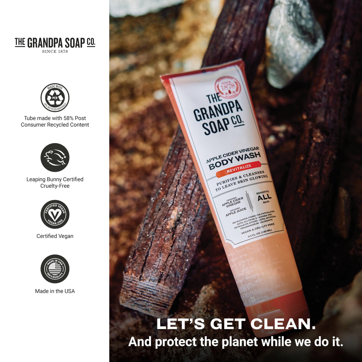 The Grandpa Soap Company body wash styled in orchard setting evoking natural scent
