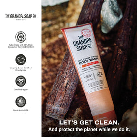 The Grandpa Soap Company body wash styled in orchard setting evoking natural scent
