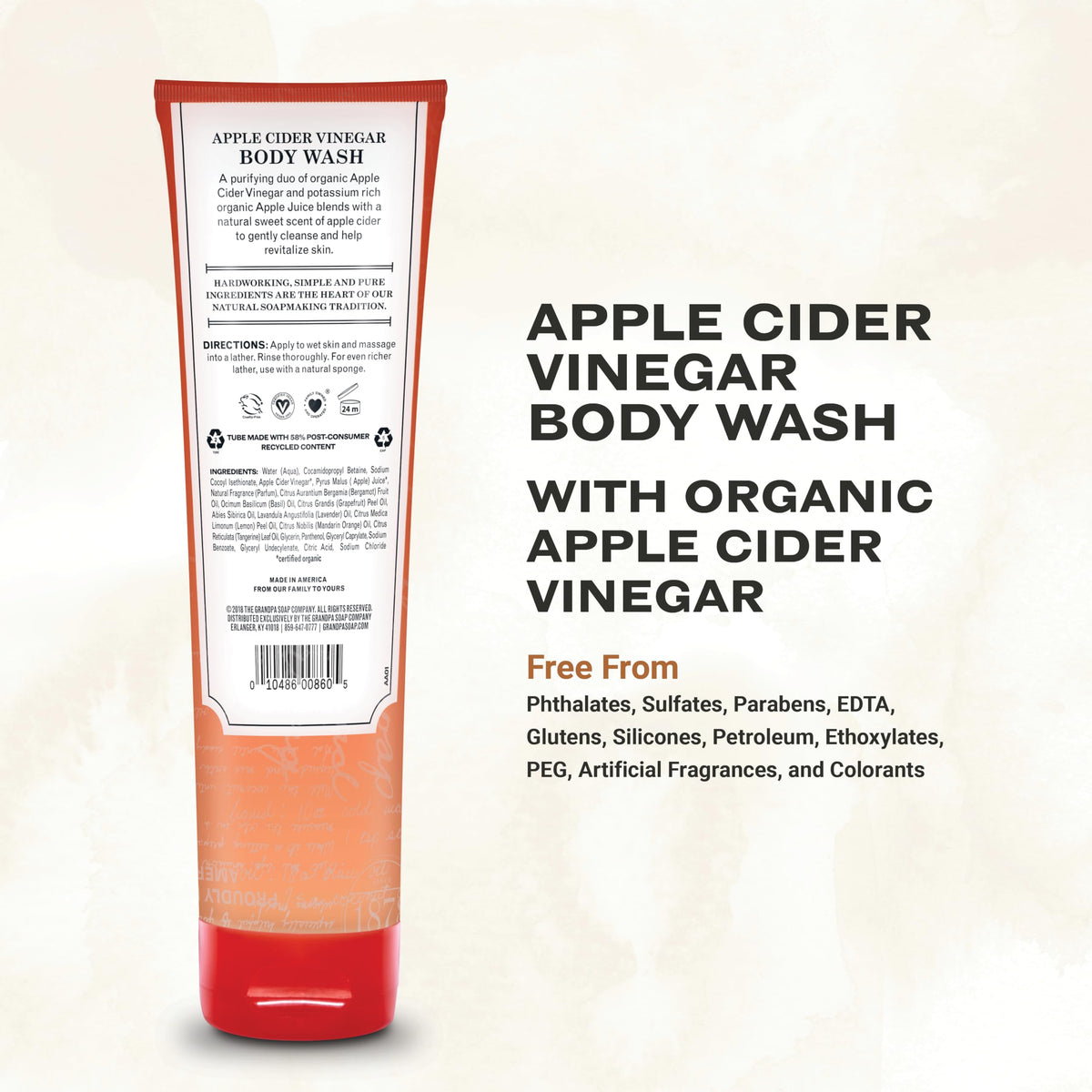 The Grandpa Soap Company tube close-up label highlighting apple cider ingredients