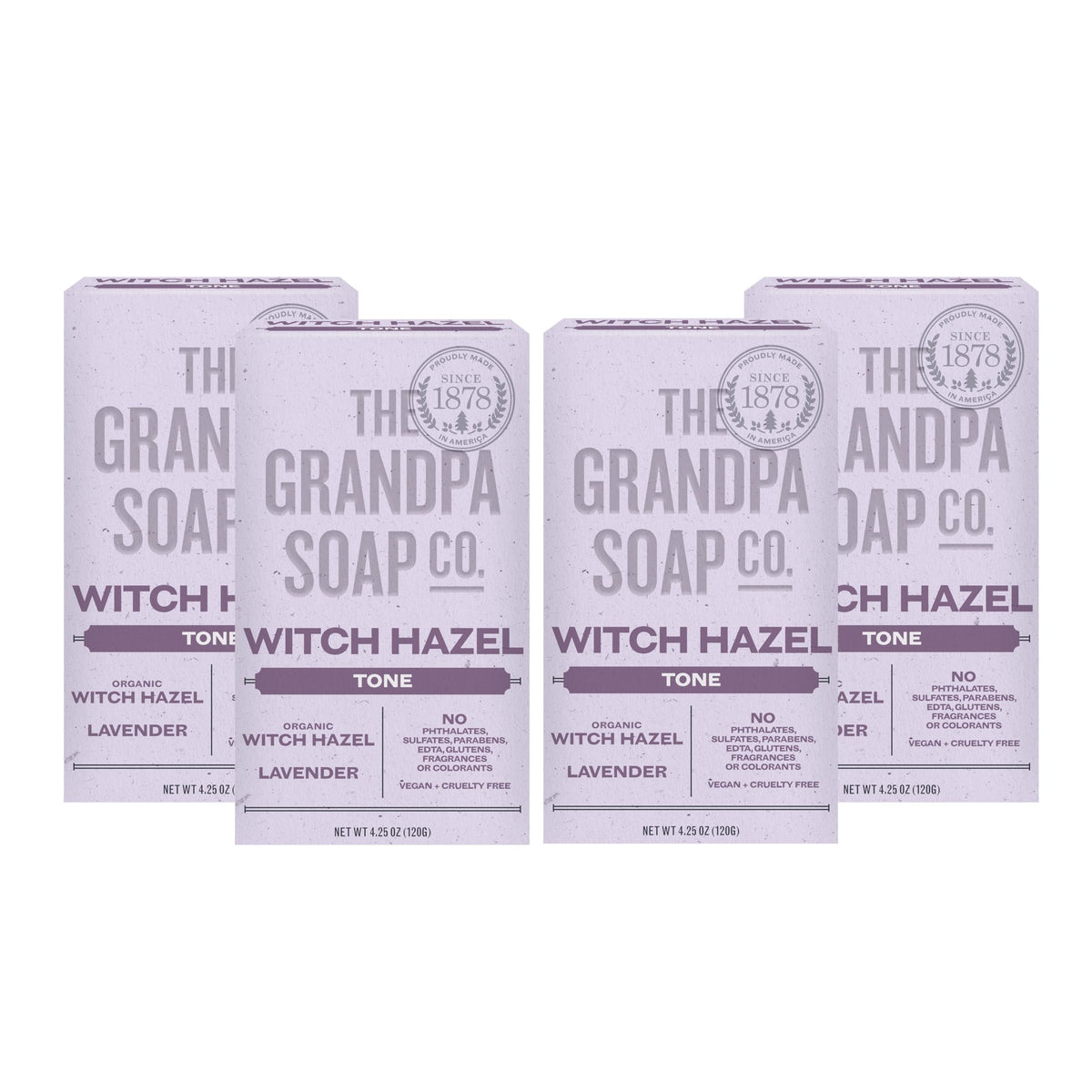 The Grandpa Soap Company front packaging showing witch hazel and lavender, communicates natural benefits