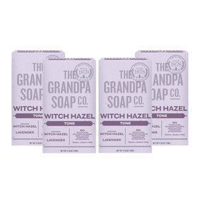The Grandpa Soap Company front packaging showing witch hazel and lavender, communicates natural benefits