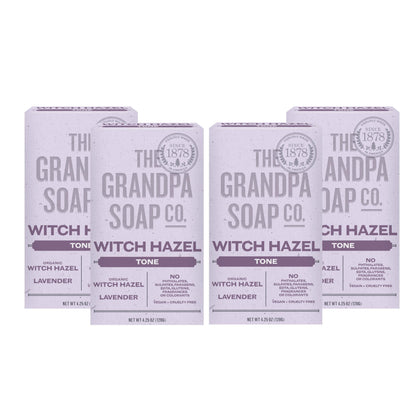 The Grandpa Soap Company front packaging showing witch hazel and lavender, communicates natural benefits