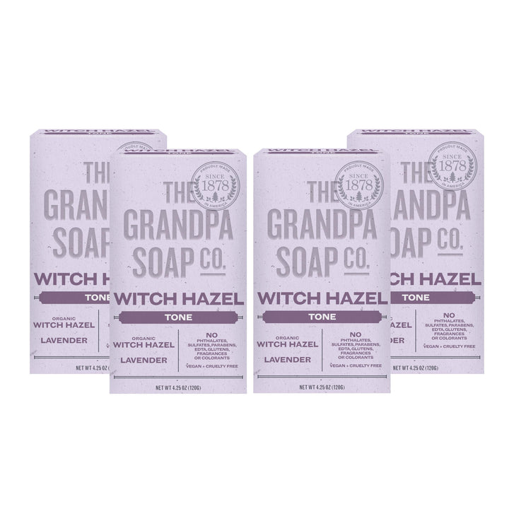 The Grandpa Soap Company front packaging showing witch hazel and lavender, communicates natural benefits