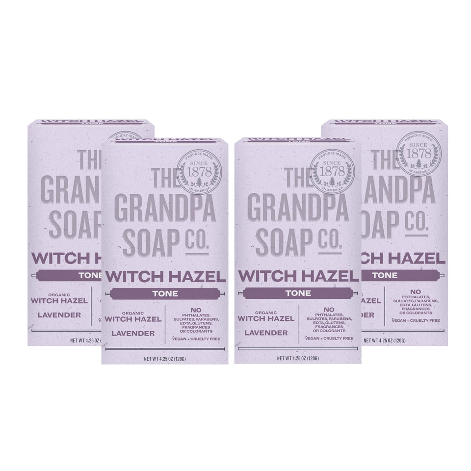 The Grandpa Soap Company front packaging showing witch hazel and lavender, communicates natural benefits