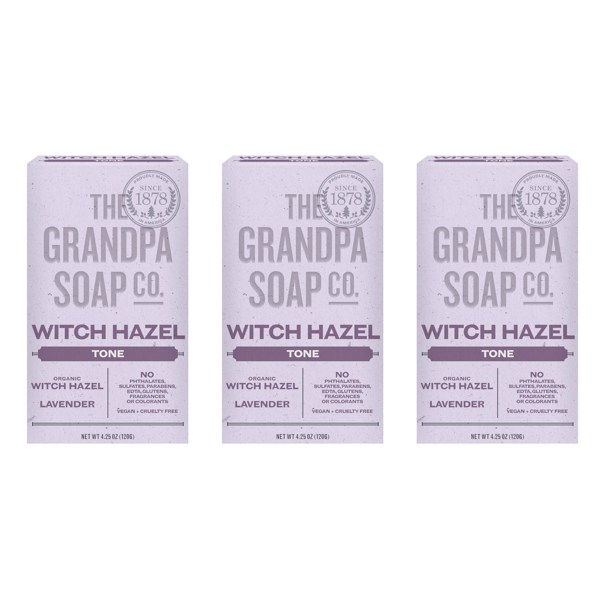 The Grandpa Soap Company front packaging shows witch hazel lavender, clear benefits