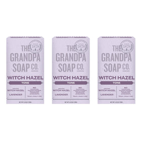 The Grandpa Soap Company front packaging shows witch hazel lavender, clear benefits