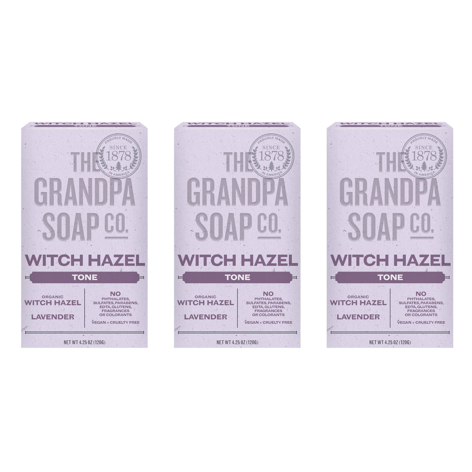 The Grandpa Soap Company front packaging shows witch hazel lavender, clear benefits