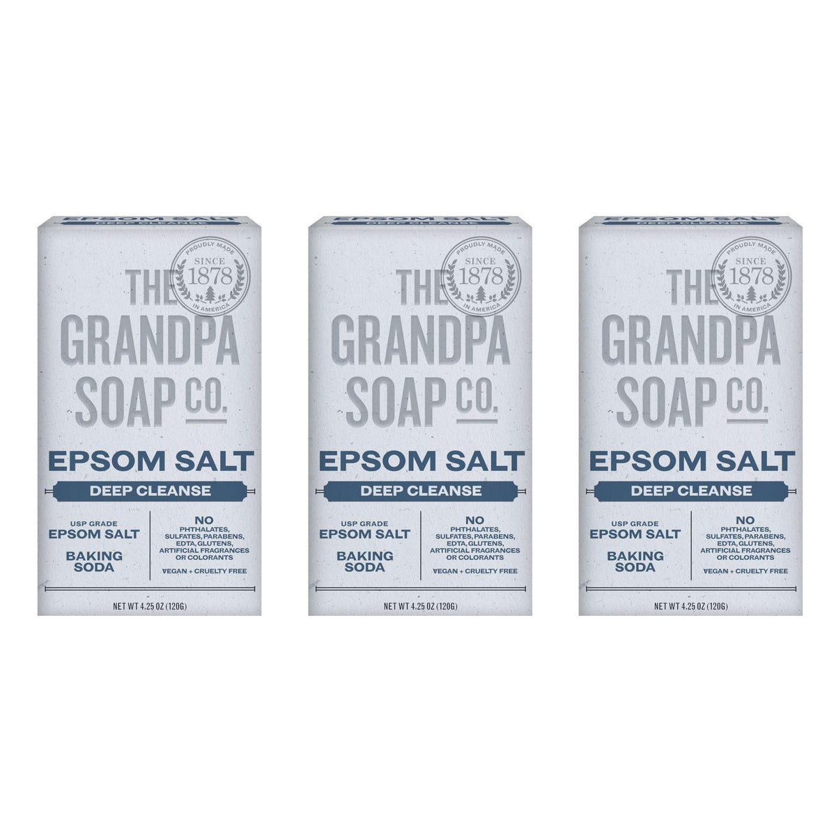 The Grandpa Soap Company front packaging showing three bars and branding benefits