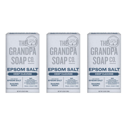 The Grandpa Soap Company front packaging showing three bars and branding benefits
