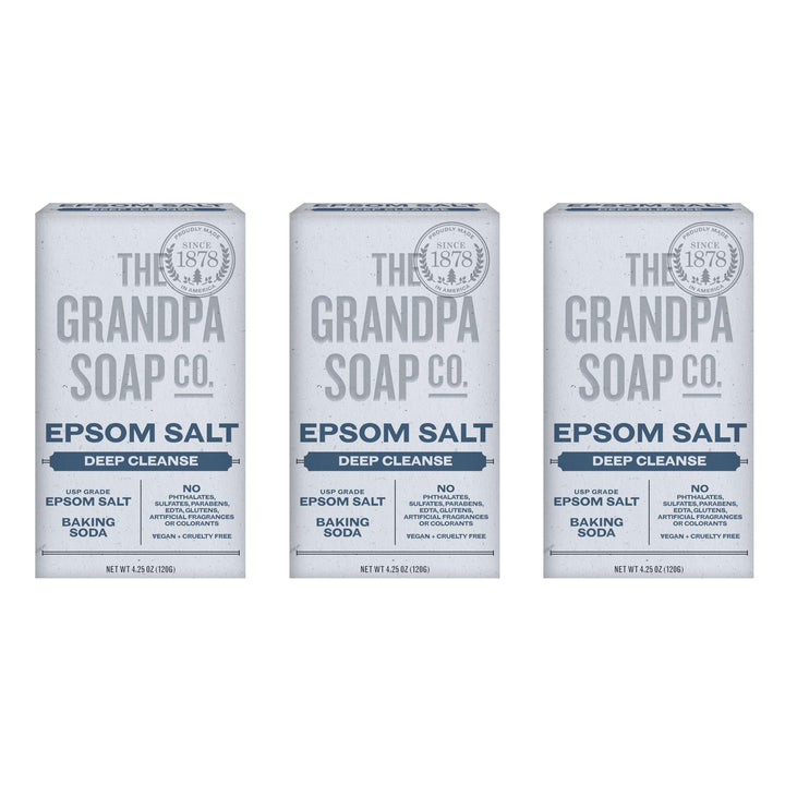 The Grandpa Soap Company front packaging showing three bars and branding benefits