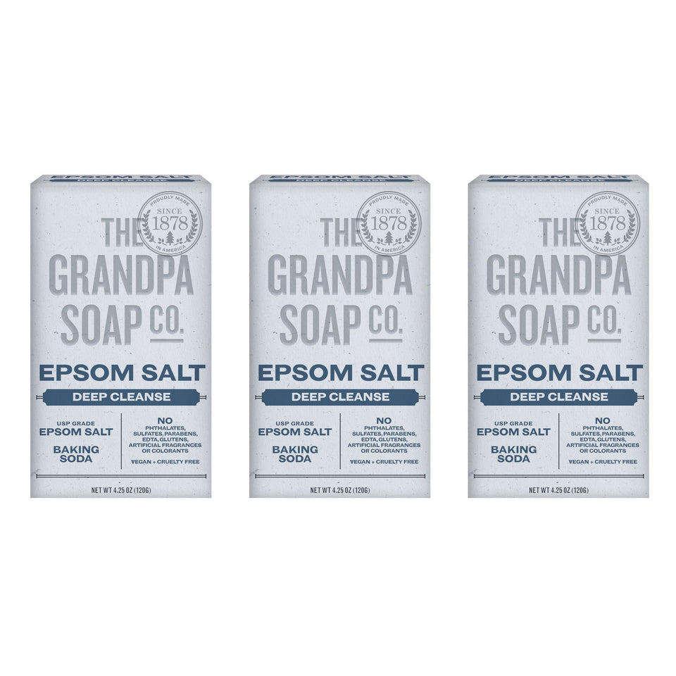 The Grandpa Soap Company front packaging showing three bars and branding benefits
