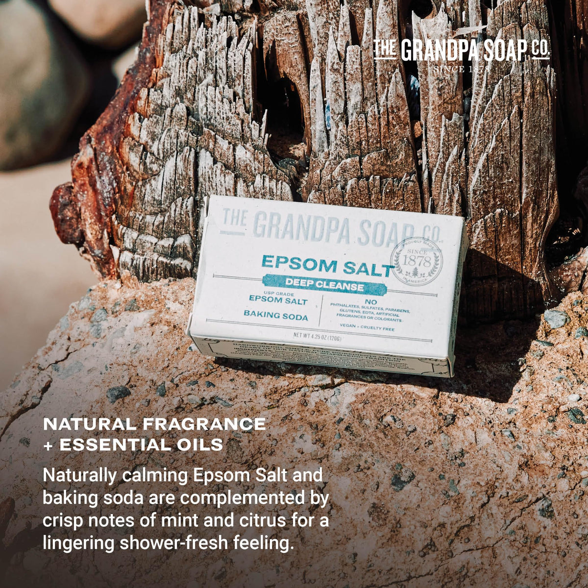 Grandpa Soap Company raw ingredients display of Epsom salt and baking soda for transparency