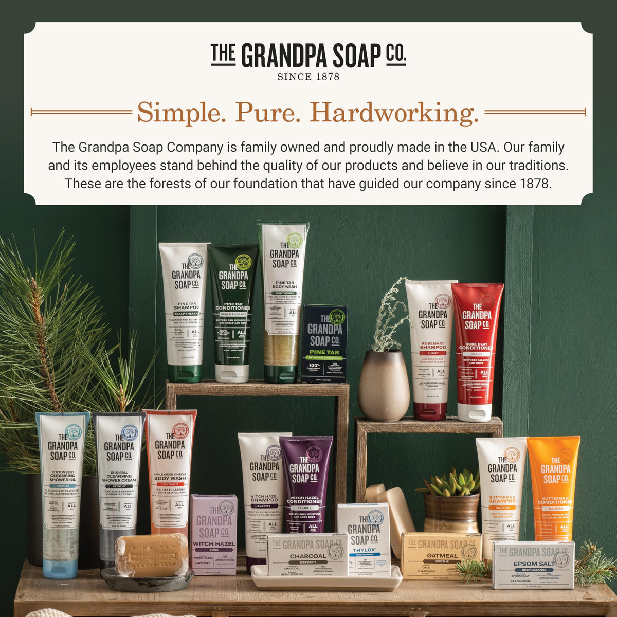 The Grandpa Soap Company lavender and witch hazel flatlay, emphasizes botanical, soothing benefits