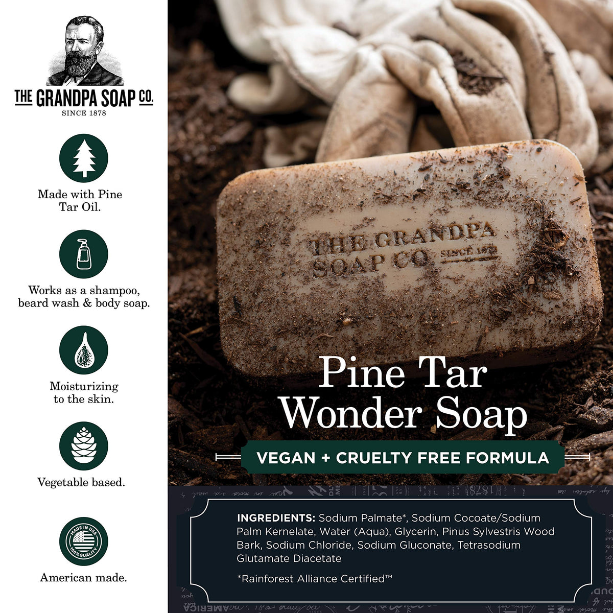 The Grandpa Soap Company pine tar bar side profile highlighting solid, travel-ready size