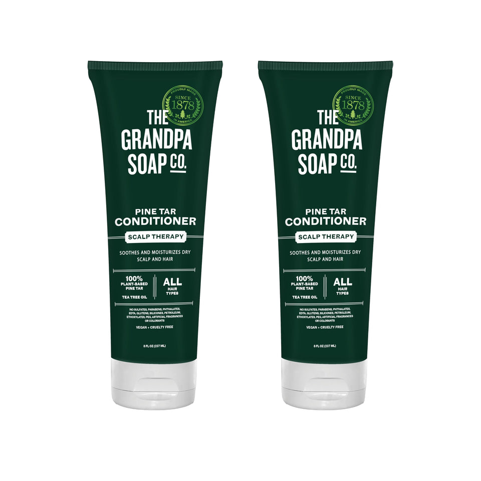 The Grandpa Soap Company front packaging showing pine tar conditioner benefits