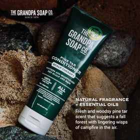 The Grandpa Soap Company conditioner in hand demonstrating easy application and control