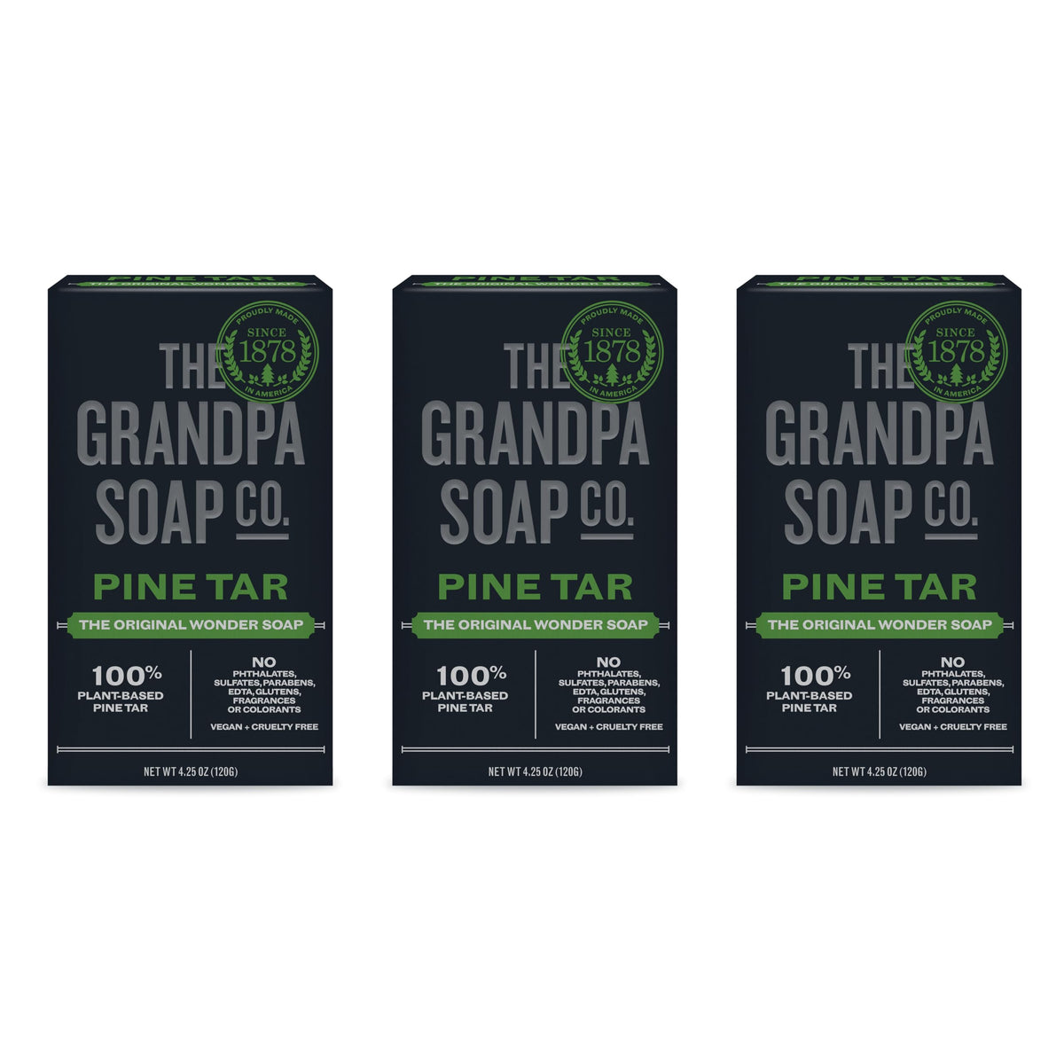 The Grandpa Soap Company front packaging showing three pine tar bars and benefits