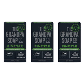 The Grandpa Soap Company front packaging showing three pine tar bars and benefits