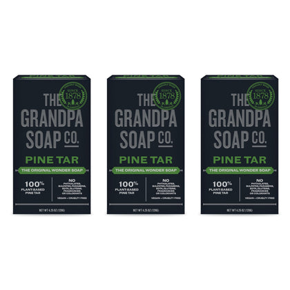 The Grandpa Soap Company front packaging showing three pine tar bars and benefits