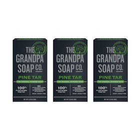 The Grandpa Soap Company front packaging showing the pine tar bar and benefit of natural cleansing