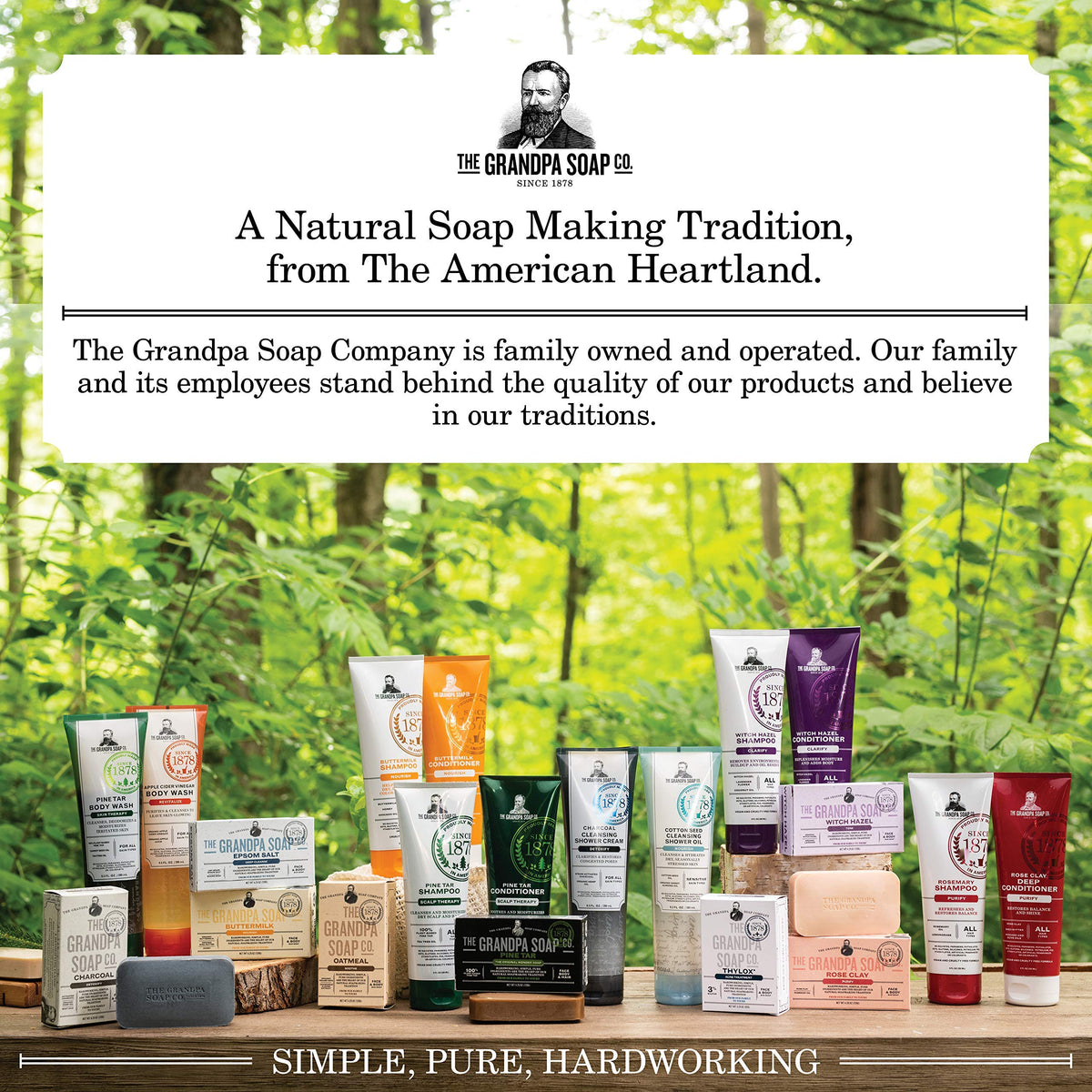 The Grandpa Soap Company bar in a shower lifestyle shot conveying refreshing, earthy scent